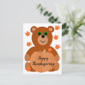 Cute Happy Thanksgiving Teddy Bear Pumpkin Leaves Briefkaart (Staand voorkant)