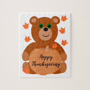 Cute Happy Thanksgiving Teddy Bear Pumpkin Leaves Legpuzzel