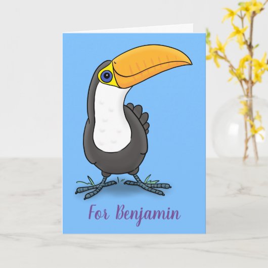 Cute happy toucan cartoon illustratie kaart (Gele Bloem)
