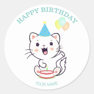 Cute Happy White Cat met Balloons Birthday Ronde Sticker
