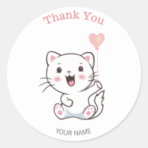 Cute Happy White Cat met hartballon Dank je Ronde Sticker