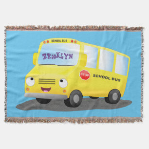 Cute happy yellow school bus cartoon deken