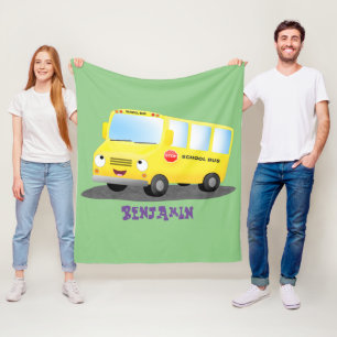 Cute happy yellow school bus cartoon fleece deken