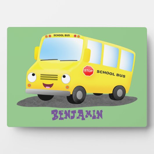 Cute happy yellow school bus cartoon fotoplaat (voorkant)