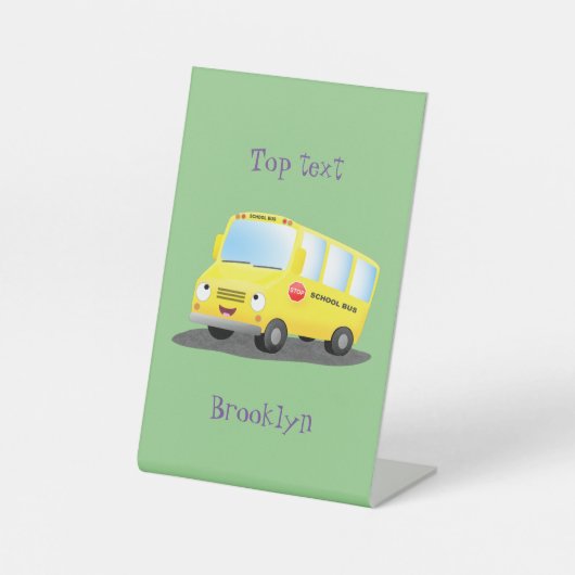 Cute happy yellow school bus cartoon reclamebord met voetstuk (Voorkant)