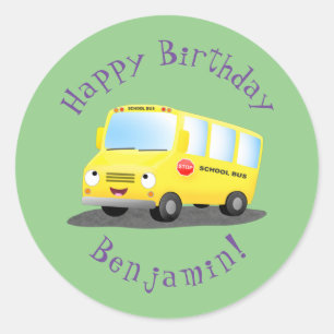 Cute happy yellow school bus cartoon ronde sticker