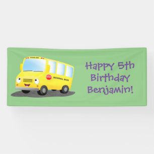 Cute happy yellow school bus cartoon spandoek