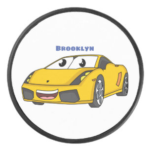 Cute happy yellow sport car cartoon hockey puck