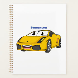 Cute happy yellow sport car cartoon planner