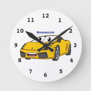 Cute happy yellow sport car cartoon ronde klok