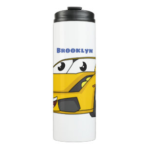 Cute happy yellow sport car cartoon thermosbeker