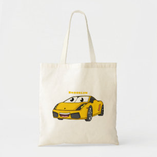 Cute happy yellow sport car cartoon tote bag