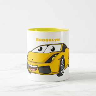Cute happy yellow sport car cartoon tweekleurige koffiemok
