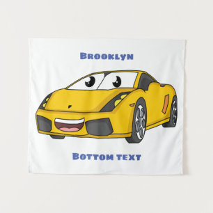 Cute happy yellow sport car cartoon wandkleed