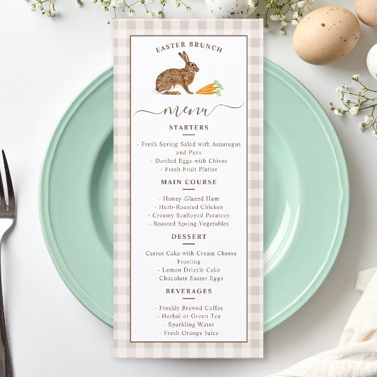 Cute Hare And Carrots Beige Gingham Easter Brunch Menu
