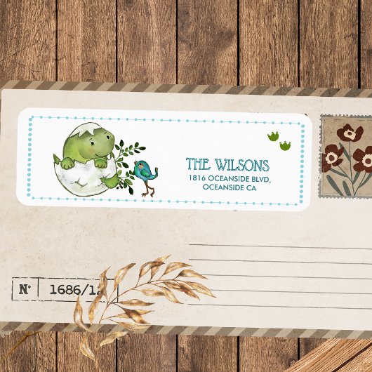 Cute Hatching Dino Baby Shower Return Address  Etiket