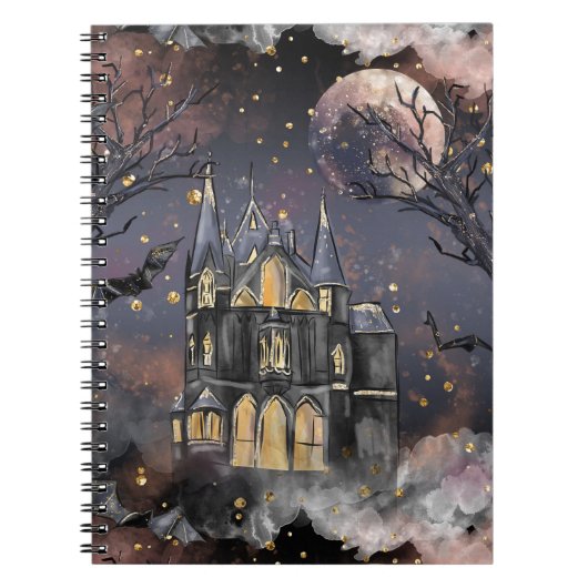 Cute Haunted House | Spooky Full Moon Trees Bats Notitieboek (Voorkant)
