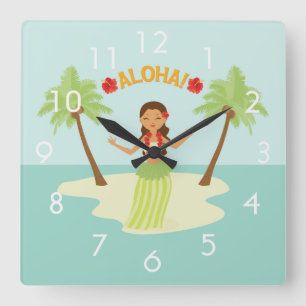 Cute Hawaiian Hula Girl Luau Horloge avec des chif