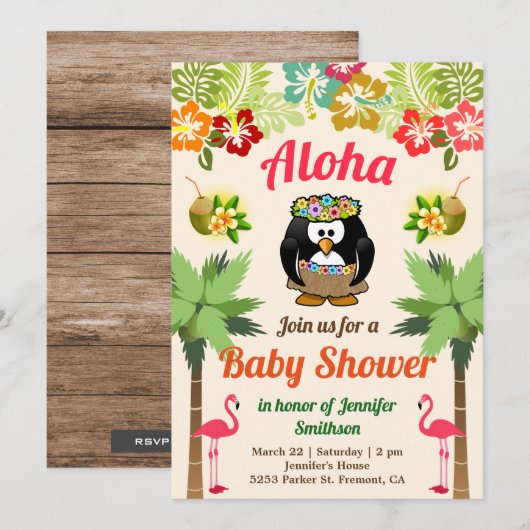 Cute Hawaiian Penguin Luau Baby shower Invitation (Devant / Derrière)