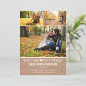 Cute Heart Burlap Wedding Three Photo Uitnodiging (Staand voorkant)