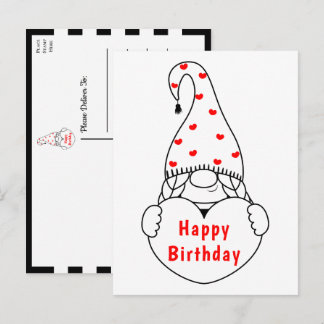 Cute Heart Cartoon Red Black Garden Gnome Birthday Briefkaart