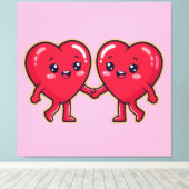 Cute Heart Characters Holding Hands Canvas Afdruk (Insitu (Houten vloer))