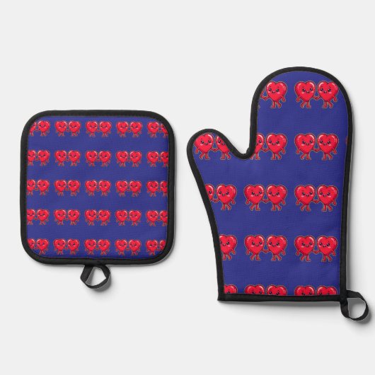 Cute Heart Characters Holding Hands Ovenwant & Pannenlap Set (Voorkant)