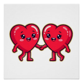 Cute Heart Characters Holding Hands Perfect Poster