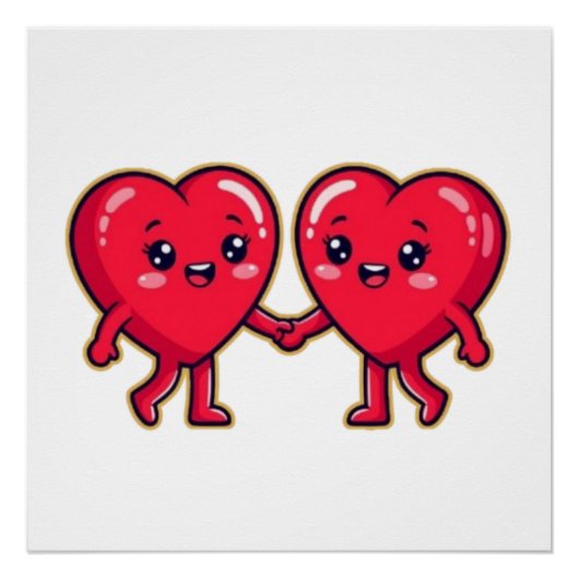 Cute Heart Characters Holding Hands Perfect Poster (Voorkant)