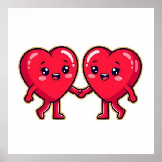 Cute Heart Characters Holding Hands Poster (Voorkant)