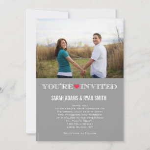 Cute Heart Gray Red Wedding Photo Invitations Kaart