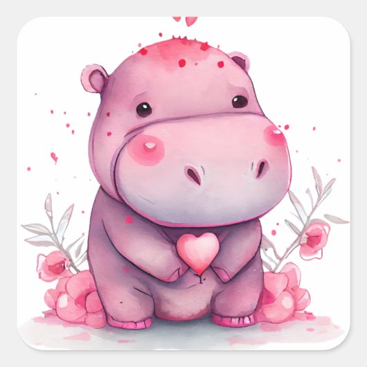 Cute Heart Hippo Valentijn Vierkante Sticker (Voorkant)