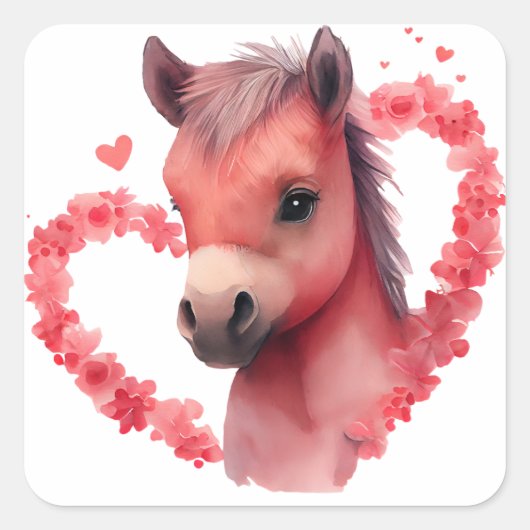 Cute Heart Horse Valentijn Vierkante Sticker (Voorkant)