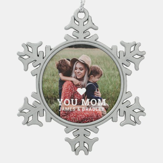 Cute HEART LIGT U MOM Moederdag Foto Tin Sneeuwvlok Ornament (Voorkant)