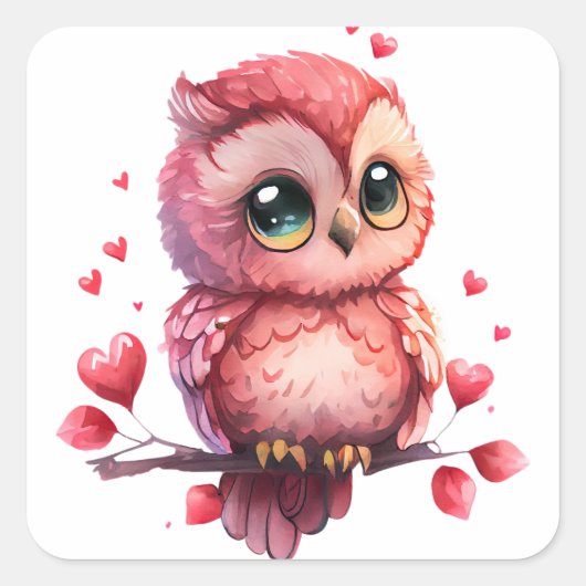 Cute Heart Owl Valentijn Vierkante Sticker (Voorkant)