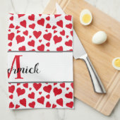 Cute Heart Pattern Red White Monogram Aangepast Theedoek (Quarter Fold)