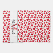 Cute Heart Pattern Red White Monogram Aangepast Theedoek (Horizontaal)