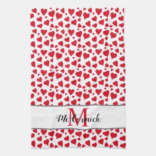 Cute Heart Pattern Red White Monogram Aangepast Theedoek (Verticaal)
