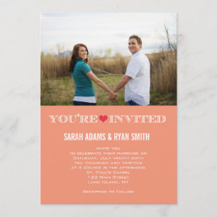 Cute Heart Peach Red Wedding Photo Invitations Kaart