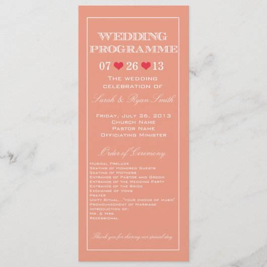 Cute Heart Peach Wedding Program Programma (Voorkant)