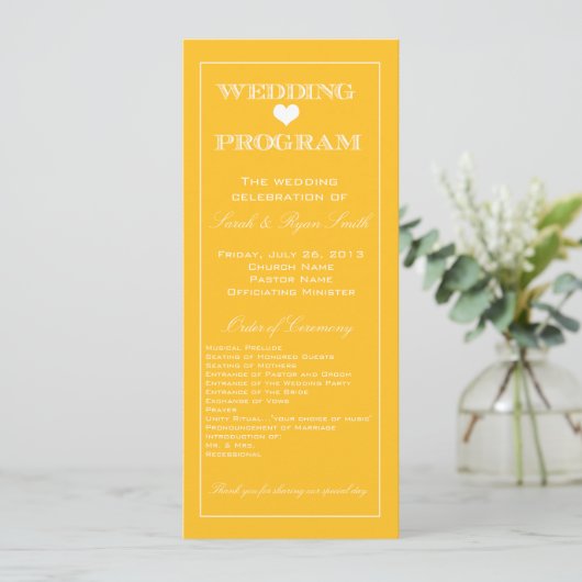 Cute Heart Yellow Wedding Programme Programma (Staand voorkant)