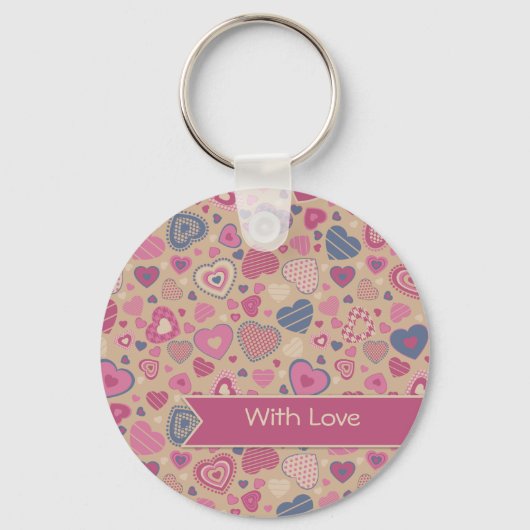 Cute Hearts-patroon - Beige Roos Sleutelhanger (Voorkant)