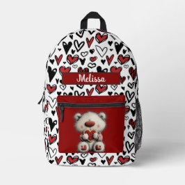 Cute Hearts Teddy Bear Customizable Name  Bedrukte Rugzak