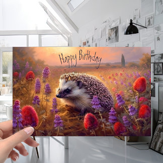 Cute Hedegel op zonsondergang met Flowers Birthday Kaart