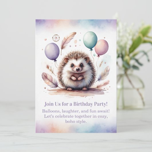 Cute Hedgehog Birthday Invitation – Woodland Boho  Kaart (Staand voorkant)