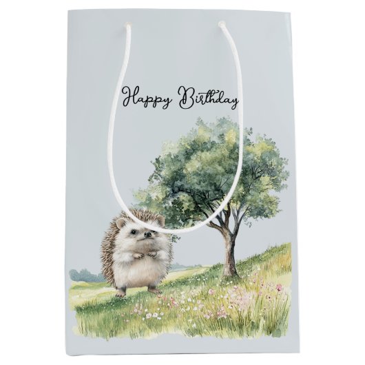 Cute Hedgehog Meadow with Tree Birthday Medium Cadeauzakje (Voorkant)