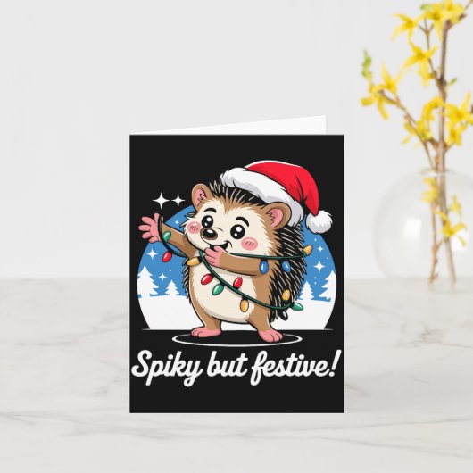 Cute Hedgehog With Santa Hat Christmas Lights Wint Kaart (Gele Bloem)