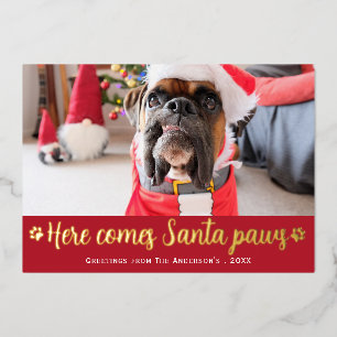 Cute here Coming Santa Paws Dog Photo Folie Feestdagenkaart