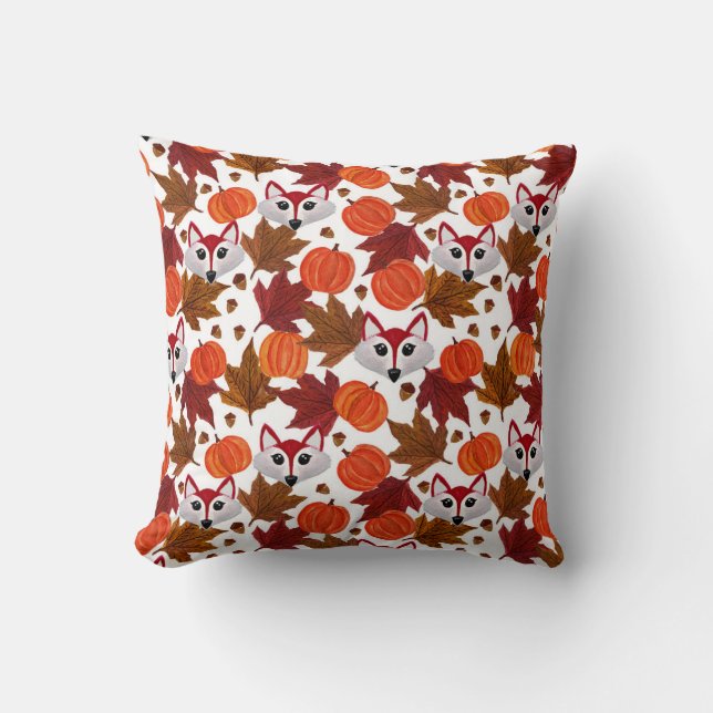 Cute Herfst Fox Pumpkin Acorn Maple Leaf Waterverf Kussen (Voorkant)
