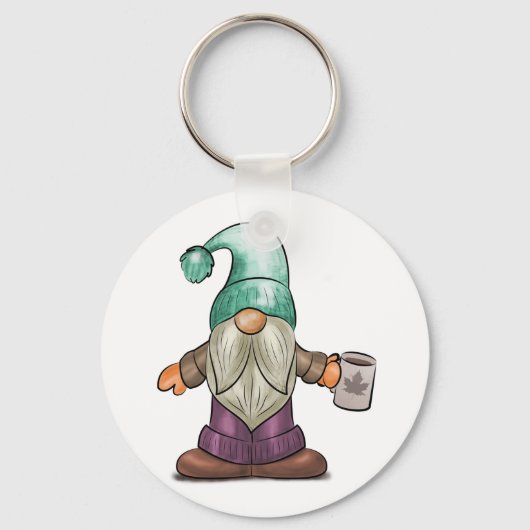 Cute Herfst Gnome met koffie Mok Sleutelhanger (Voorkant)